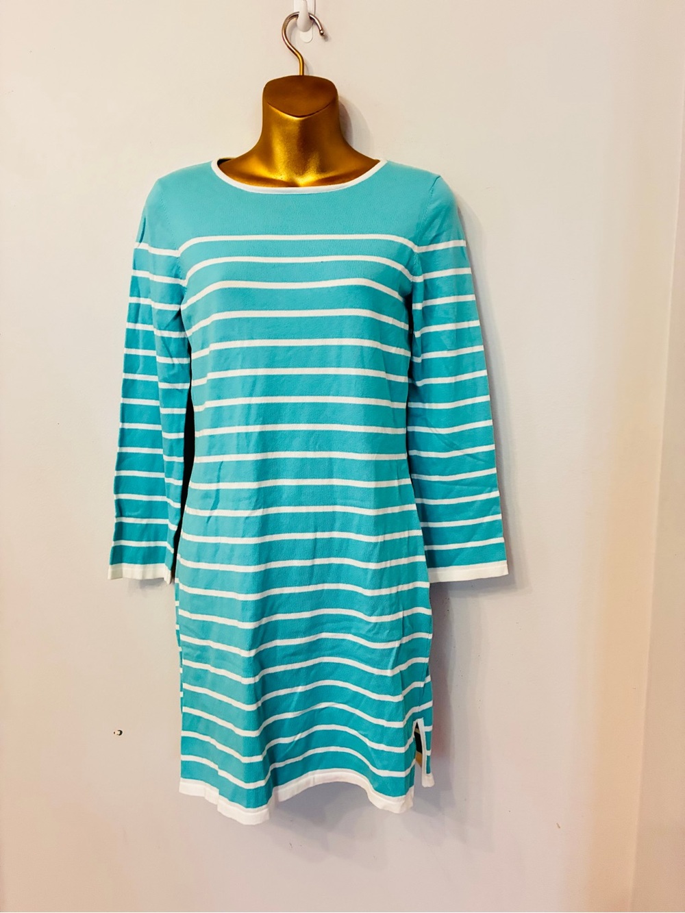 Sail to Sable Aqua White Stripe Knit Sweater Dress Small NWT Coastal Preppy - Picture 2 of 6